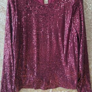 Women’s Cece Large Long Sleeve Burgundy Sequen Blouse Perfect for Holidays!